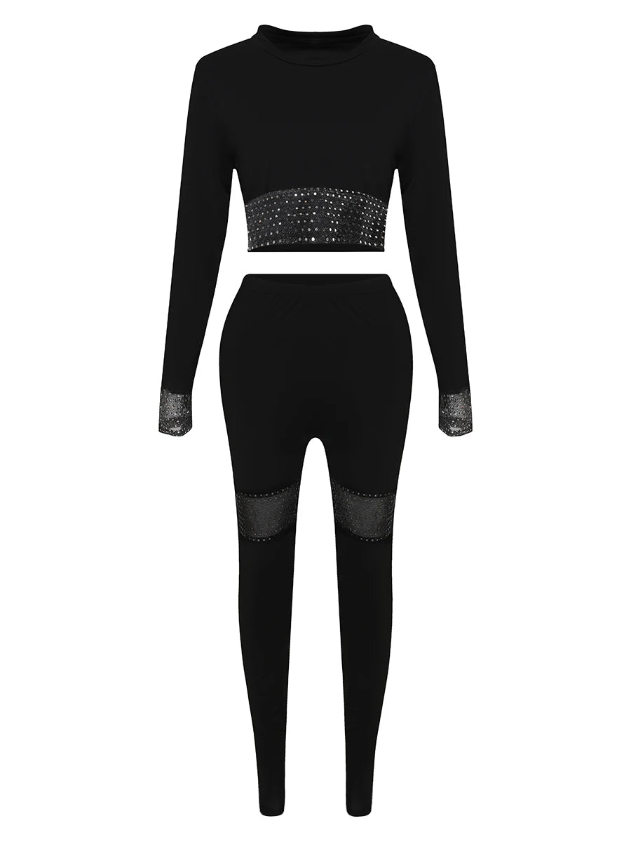 Crop Top See Through Sequins Leggings Set - Plus Size