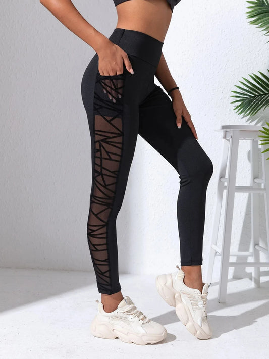 Black Fabric Patchwork High Waist Side Mesh Yoga Leggings