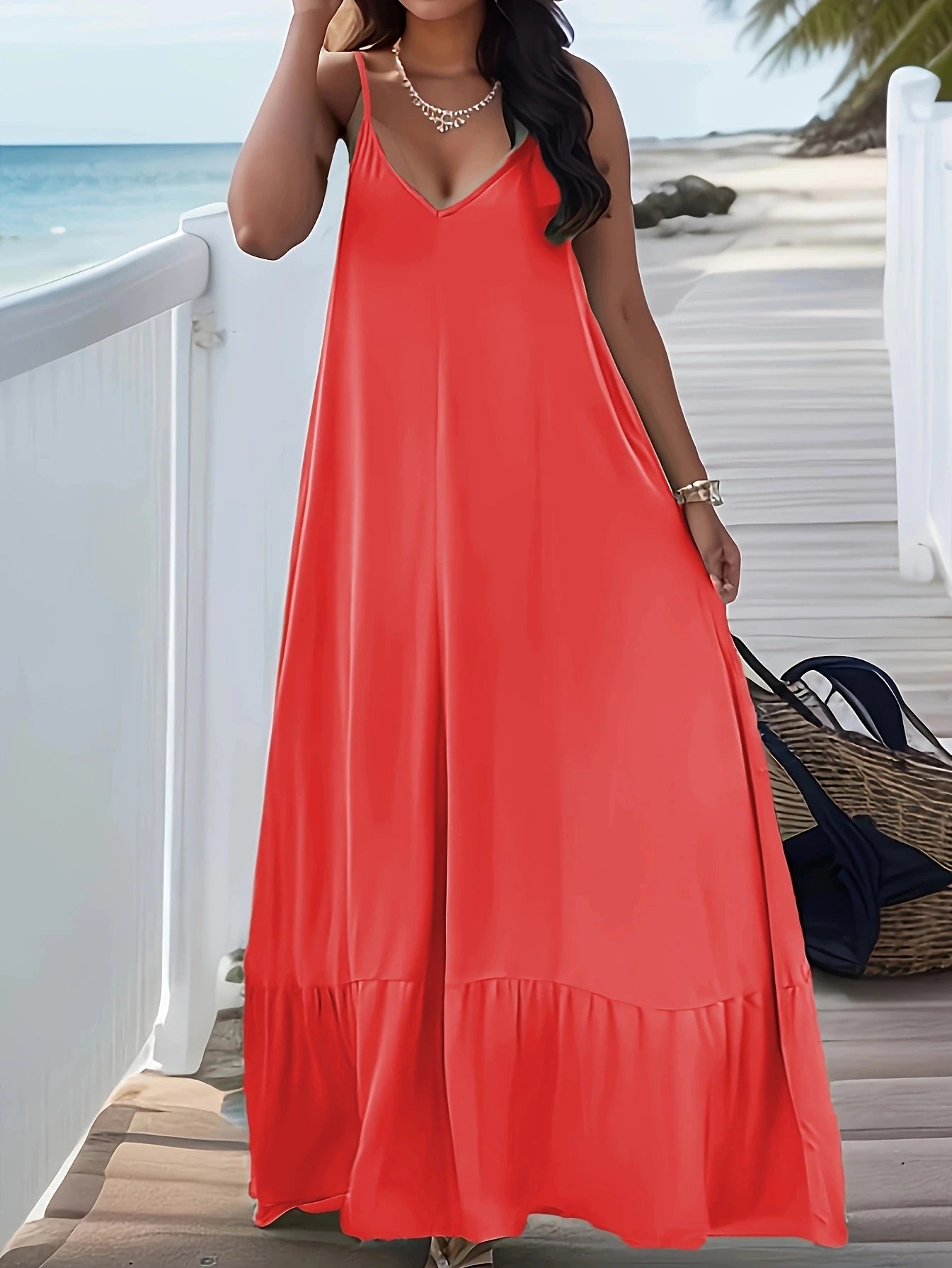 Cross-Border V-Neck Suspender Dress - Plus Size