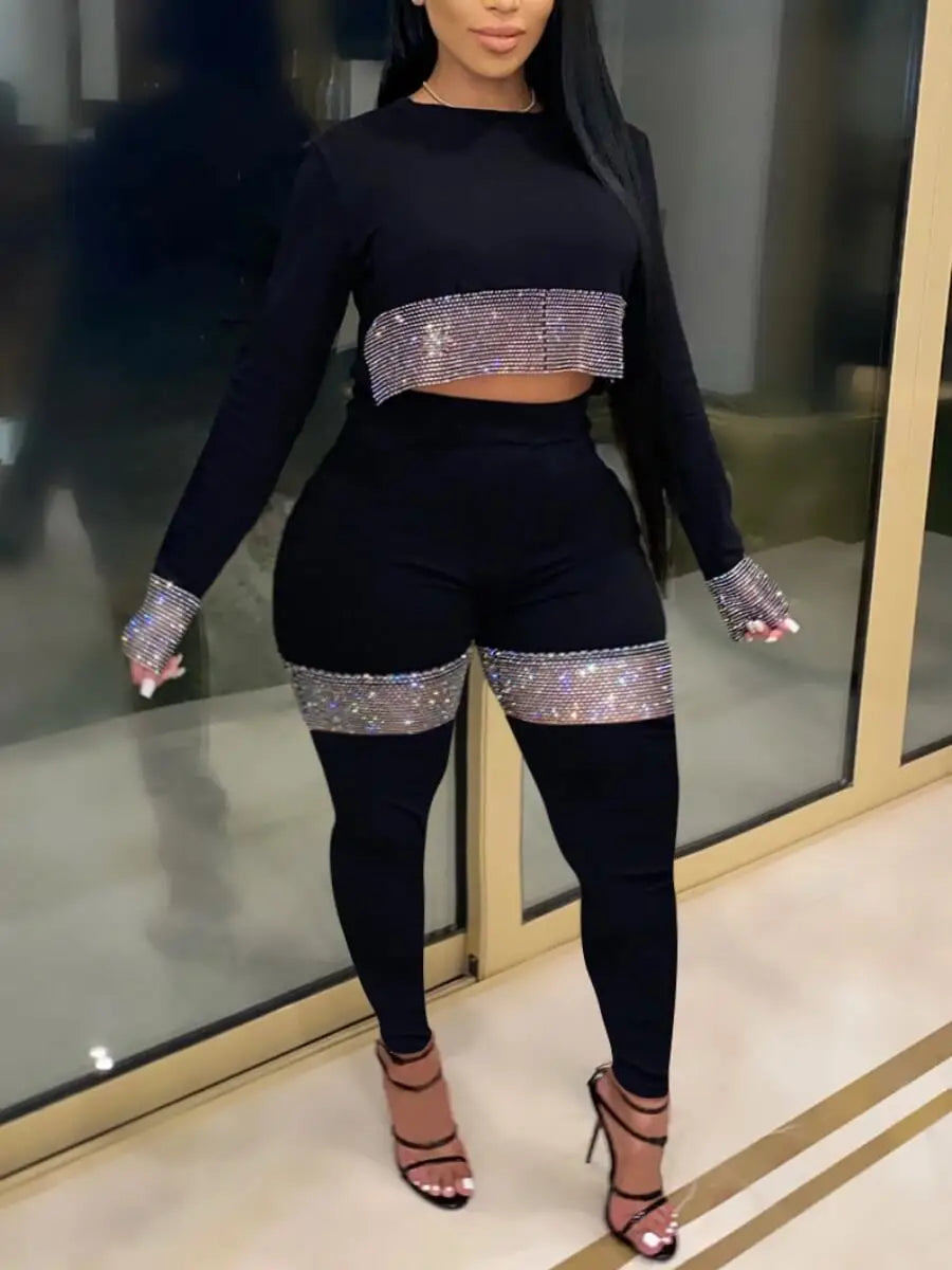 Crop Top See Through Sequins Leggings Set - Plus Size