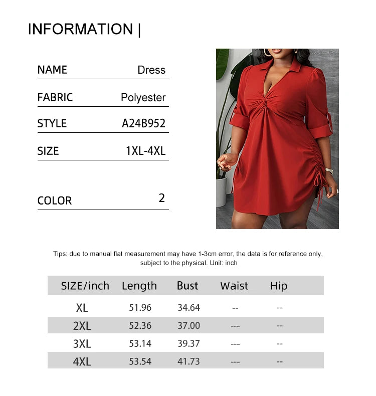 Long Sleeve Twisted Front Waist Drawstring Shirt Dress - Plus Size