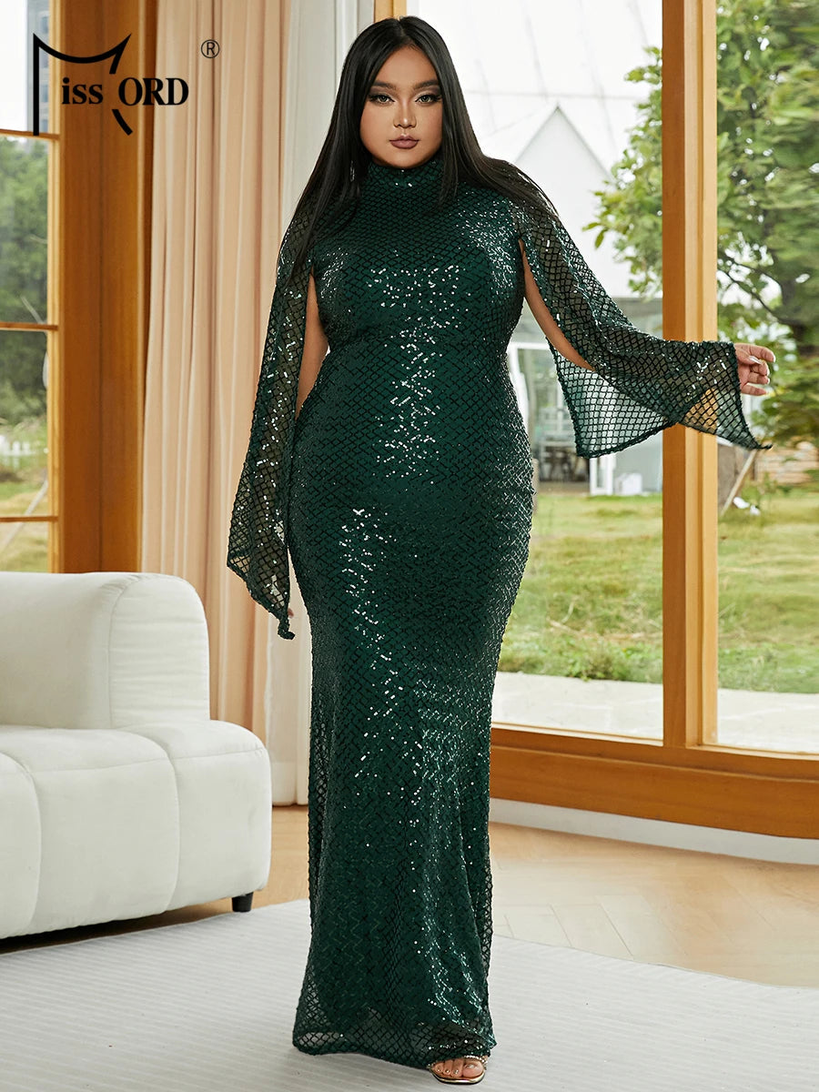 Missord Sequin Turtleneck Split Long Sleeve Maxi Evening Gown - Plus Size