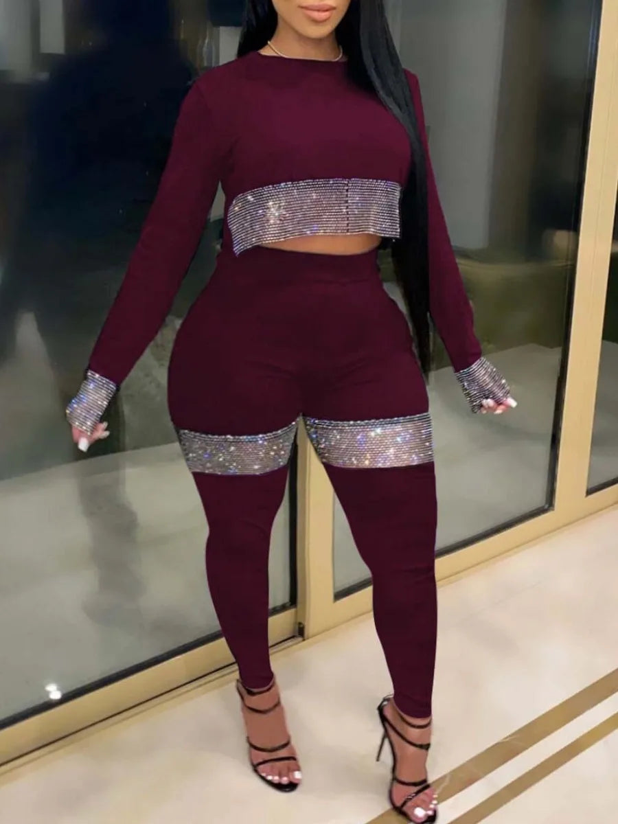 Crop Top See Through Sequins Leggings Set - Plus Size