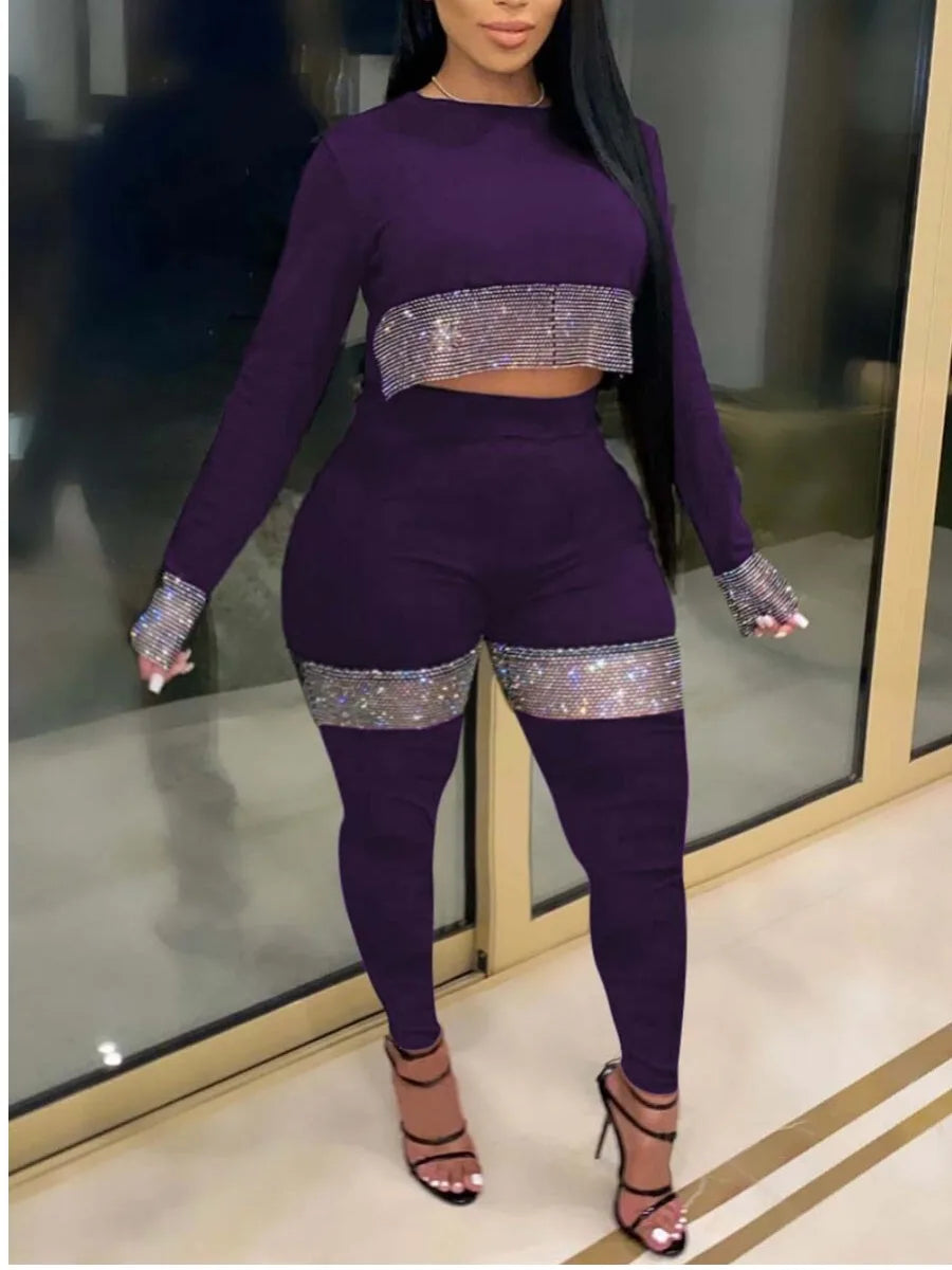 Crop Top See Through Sequins Leggings Set - Plus Size