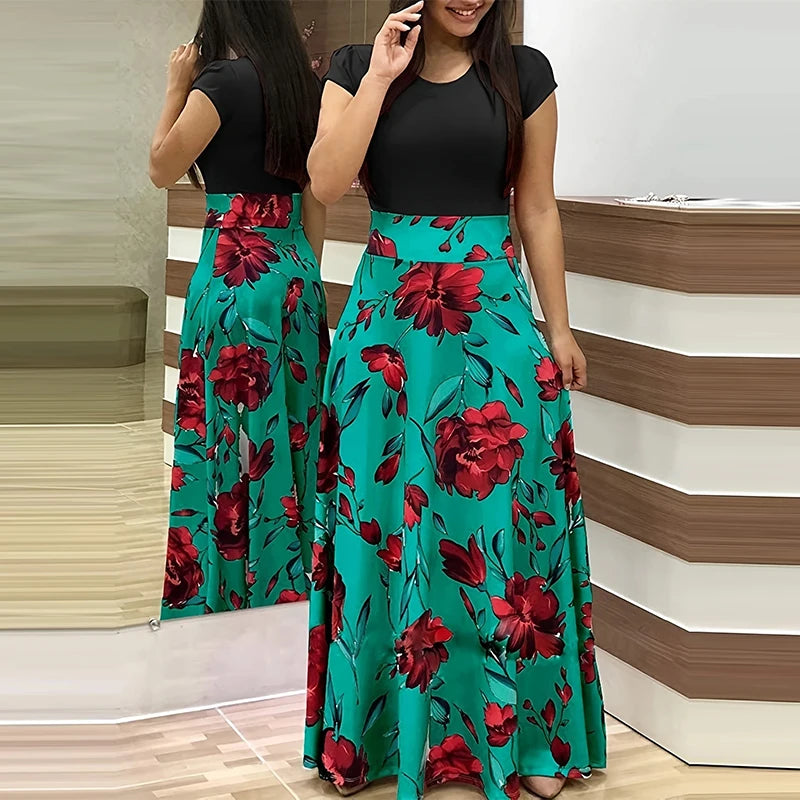 Printed Splicing Crew Neck Short Sleeve Slim Waist Pleated Maxi Dress