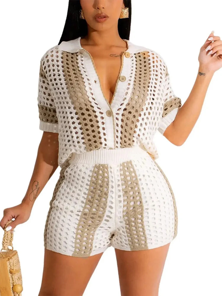 Crochet Button Cardigan and Trousers Beach Cover Up - Plus Size