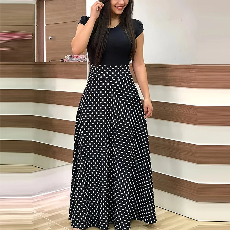 Printed Splicing Crew Neck Short Sleeve Slim Waist Pleated Maxi Dress