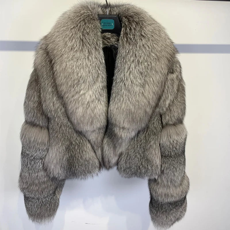 Natural Real Fox Fur Short Coat with Collar