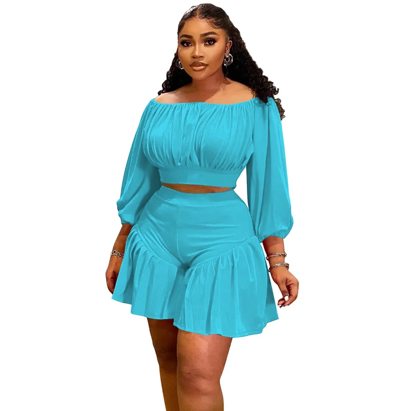 CM.YAYA Long Sleeve Slash Neck T-Shirt and Shorts Two 2 Piece Set - Plus Size