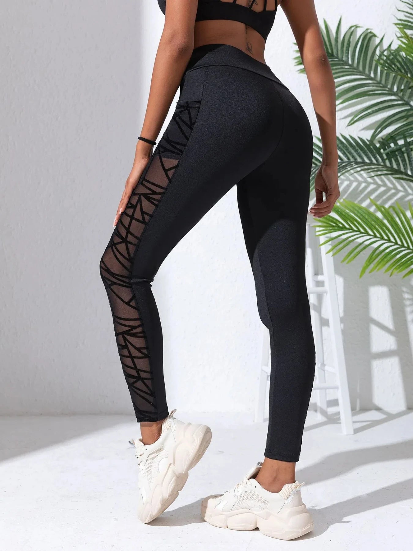Black Fabric Patchwork High Waist Side Mesh Yoga Leggings