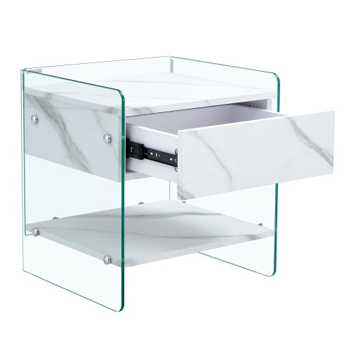 Bedside Table With Drawers. Marble Print MDF Sticker with Transparent Tempered Glass