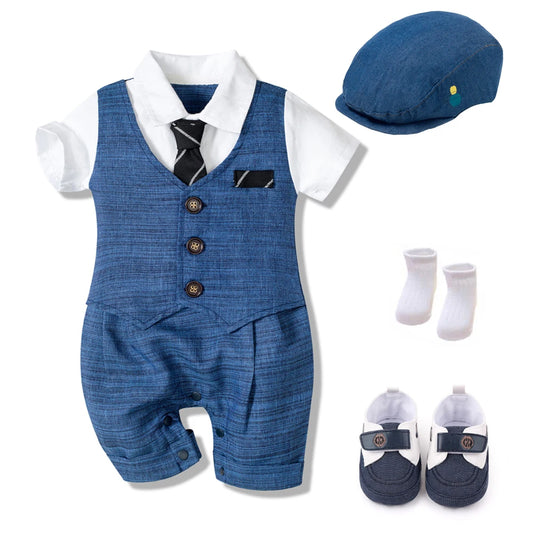 Summer Baby Romper Suit Formal Clothing Children Hat + Jumpsuit + Shoes + Socks 4 Piece Outfit