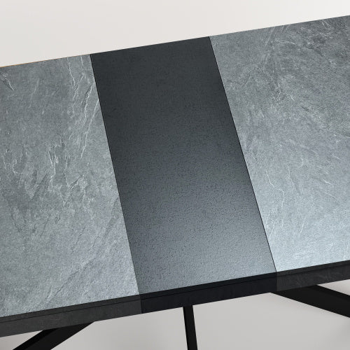 Rectangular Stretch Dining Table - Dark Grey Stone Top and Black Relief Plate - Black Fine Sand Cross Iron Foot Base with Storage Box