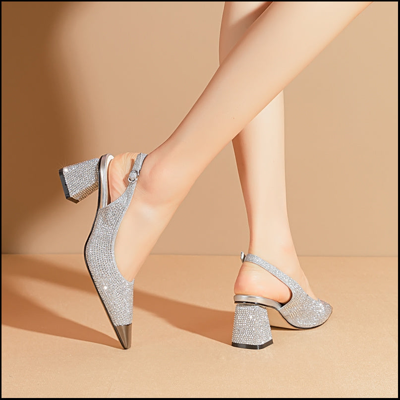 Rhinestone Mid-Heel Chunky Heels