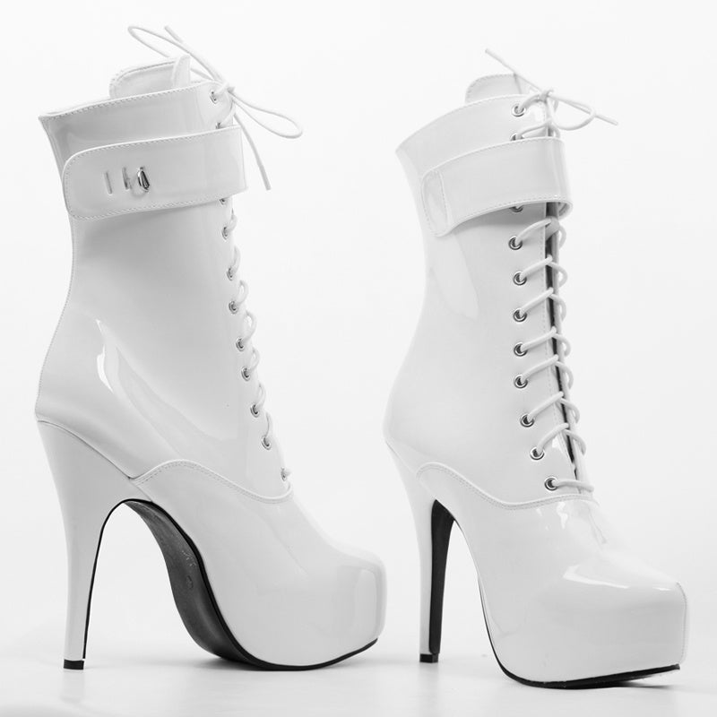 Platform Lace-Up Patent Leather High Heel Short Boots