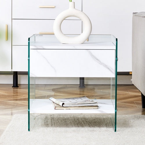Bedside Table With Drawers. Marble Print MDF Sticker with Transparent Tempered Glass