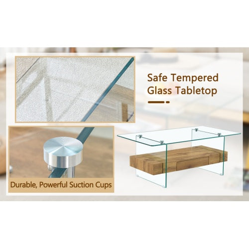 Clear Tempered Glass And Natural Wood Grain Coffee Table with Drawer