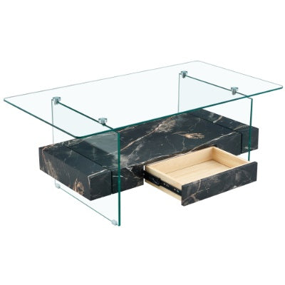 Two-Tier Coffee Table - Clear Tempered Glass And Black Marble Texture