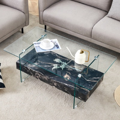 Two-Tier Coffee Table - Clear Tempered Glass And Black Marble Texture