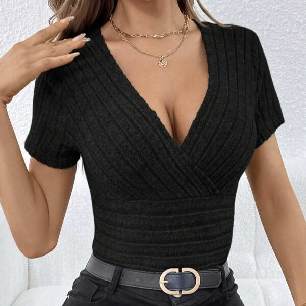 V-neck Cross Wrapped Chest Ribbed Knitted Sweater