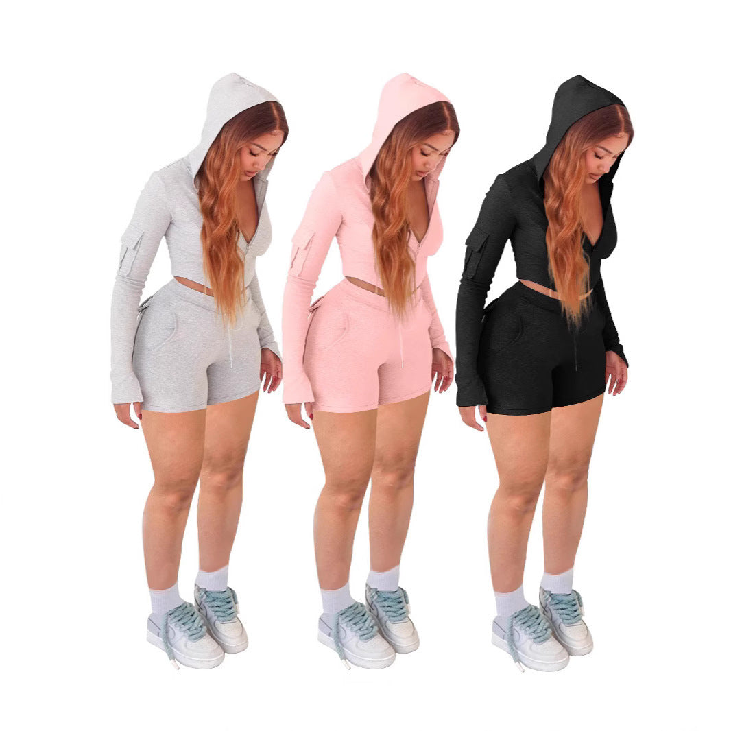 Cropped Sweatshirt Two-Piece Short Set