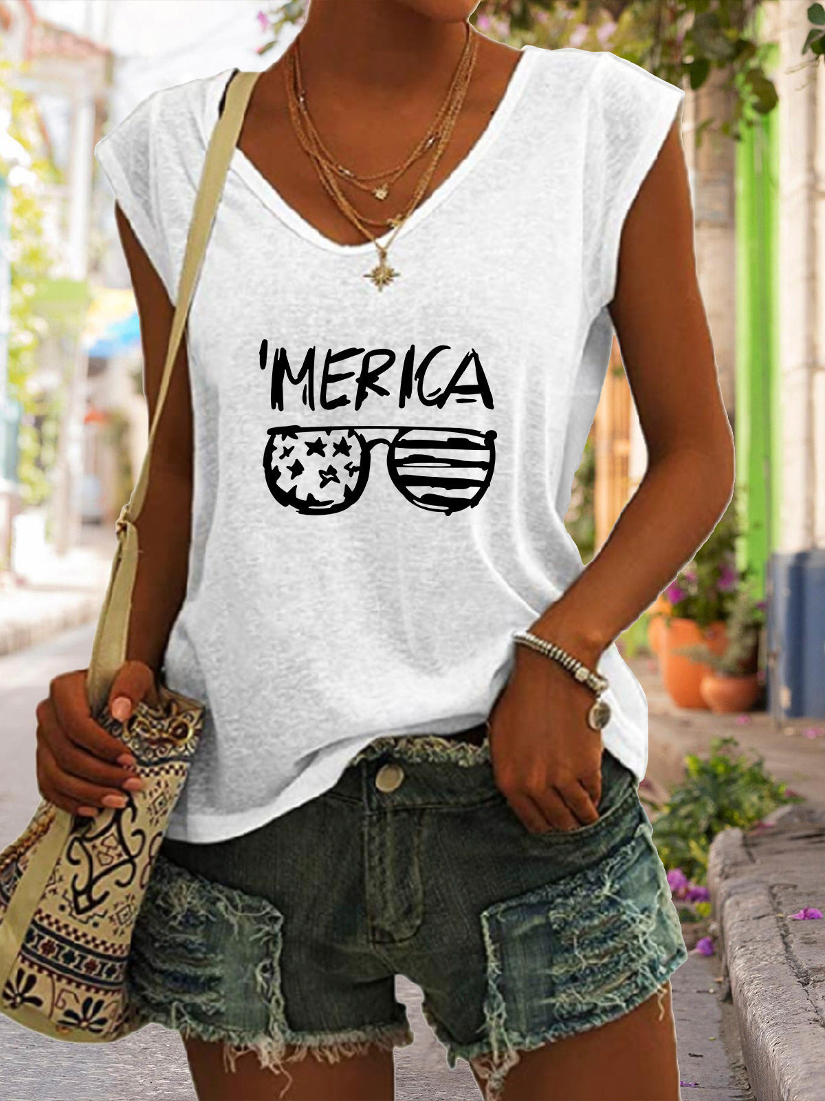 Glasses Flag Letters Sleeveless Tee