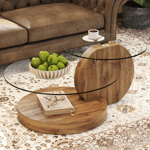 Double-layer Round Glass Coffee Table with Wood MDF Table Legs