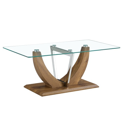 Modern Minimalist Transparent Tempered Glass Coffee Table With Marble Patterned MDF Legs And Stainless Steel Decorative Columns