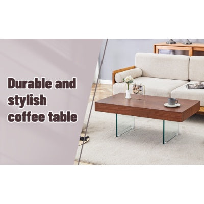 Walnut Colored MDF Coffee Table - 39.3x21.6 With Tempered Glass Legs