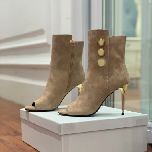 Fish Mouth Metal Round Buckle Ankle Boots