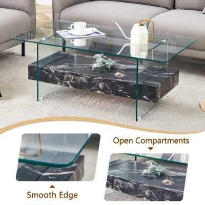 Two-Tier Coffee Table - Clear Tempered Glass And Black Marble Texture
