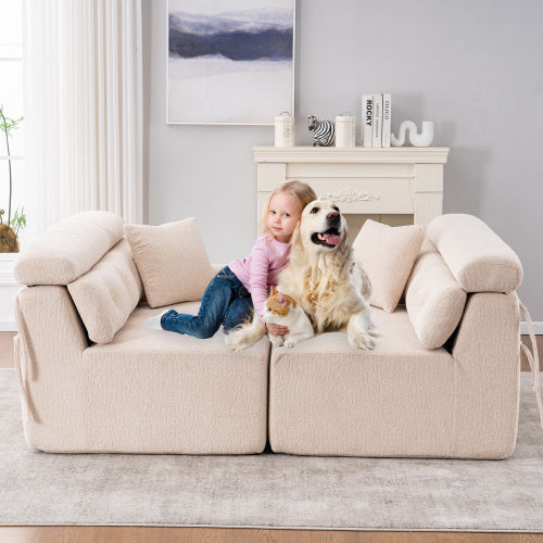 Chenille Fabric COMPRESSION SOFA with 2 Pillows - APRICOT