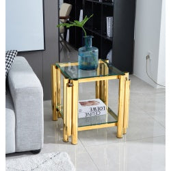 Stainless Steel End Table - Double-Layer Clear Tempered Glass
