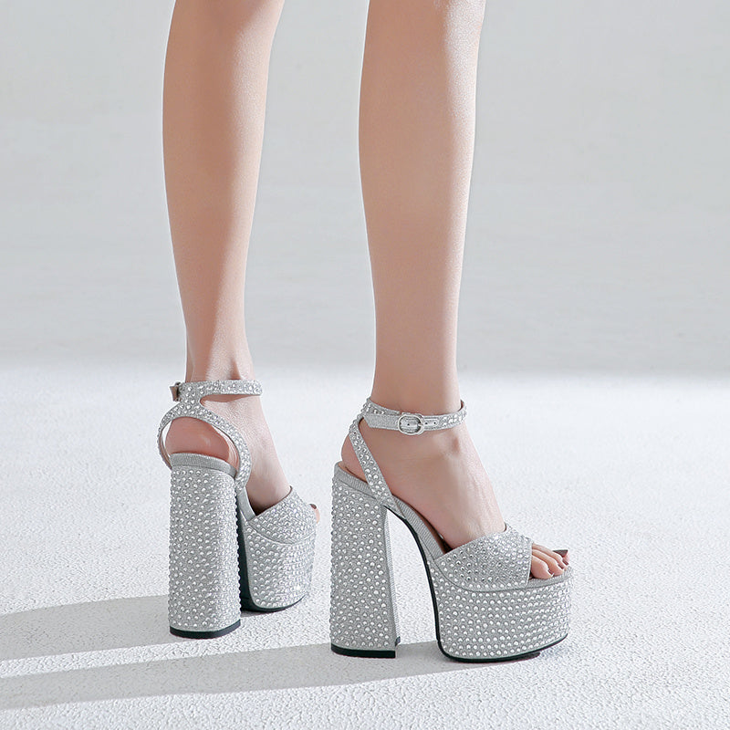 Leather Block Heel Rhinestone Wedge