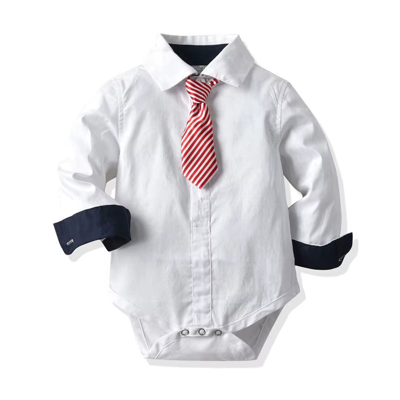 Baby Boys Tie Romper Clothes Cotton Shirt Toddler Formal Jumpsuit Birthday One-Piece Long Sleeve Children Party Clothes