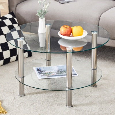Double Layer Tempered Glass Coffee Table  27.5 Top And 23.6 Bottom with Stainless Steel Silver Plated Legs