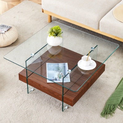 Two Tier Square Coffee Table - Clear Glass And Black Marble Pattern