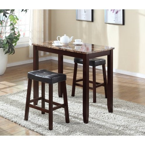 Counter Height Glossy Print Marble Breakfast Table With Stools 3-Piece Set - Espresso