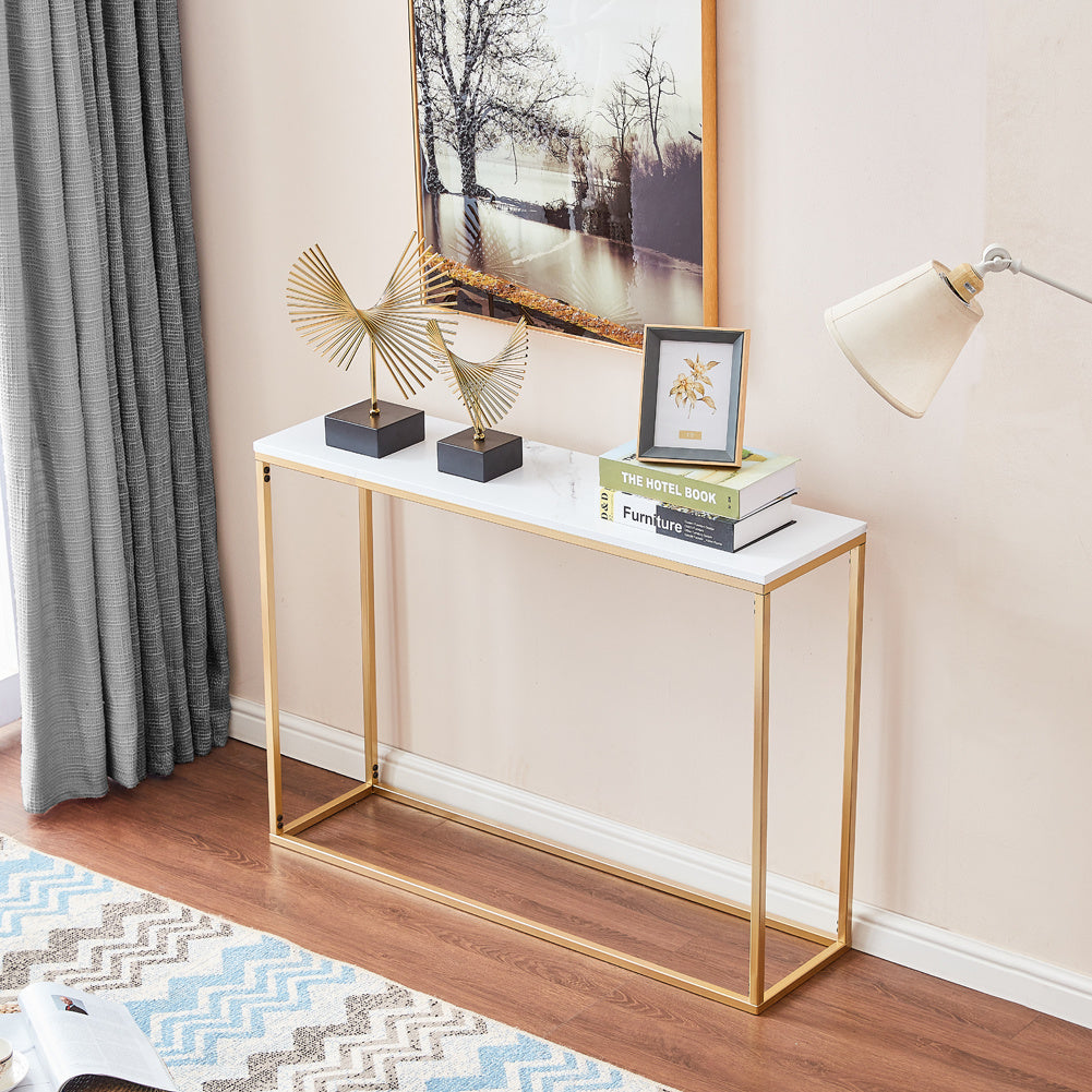 White Rectangular Marble Accent Table with Gold Legs