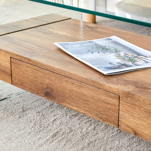 Clear Tempered Glass And Natural Wood Grain Coffee Table with Drawer