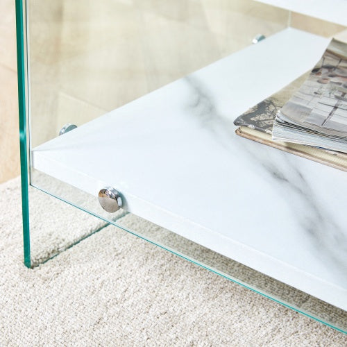 Bedside Table With Drawers. Marble Print MDF Sticker with Transparent Tempered Glass