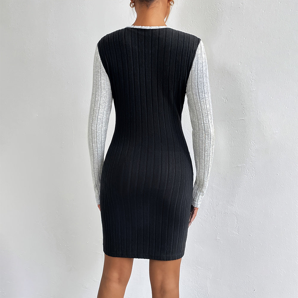 Round Neck Color Contrast Mid Dress