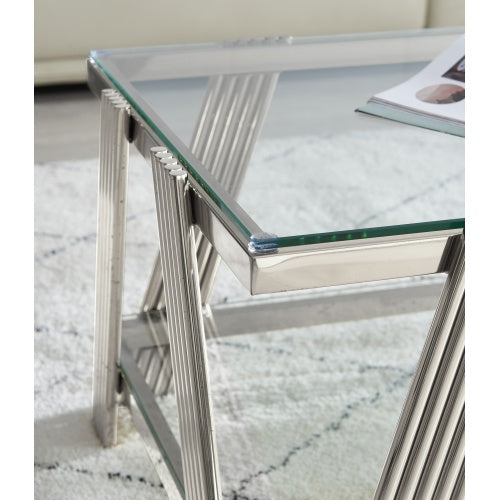 Modern Stainless Steel Coffee Table and End Table Set with Double-Layer Clear Tempered Glass
