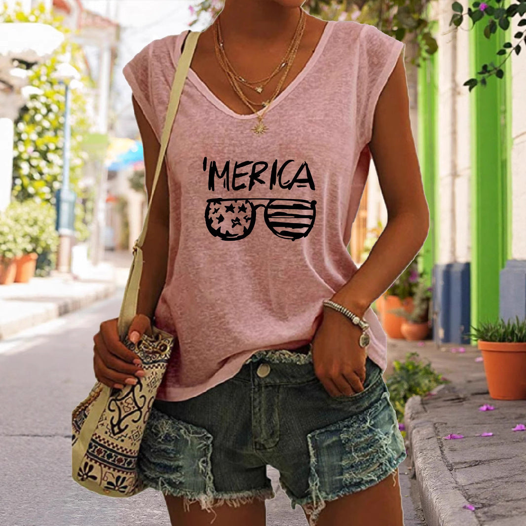 Glasses Flag Letters Sleeveless Tee