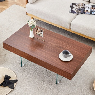 Walnut Colored MDF Coffee Table - 39.3x21.6 With Tempered Glass Legs