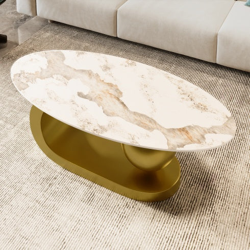 Marble Pattern Centered Stone Coffee Tabletop With Gold Stainless Steel Base