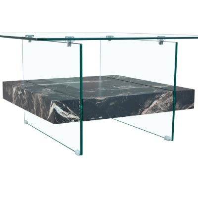 Two Tier Square Coffee Table - Clear Glass And Black Marble Pattern