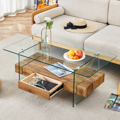 Clear Tempered Glass And Natural Wood Grain Coffee Table with Drawer