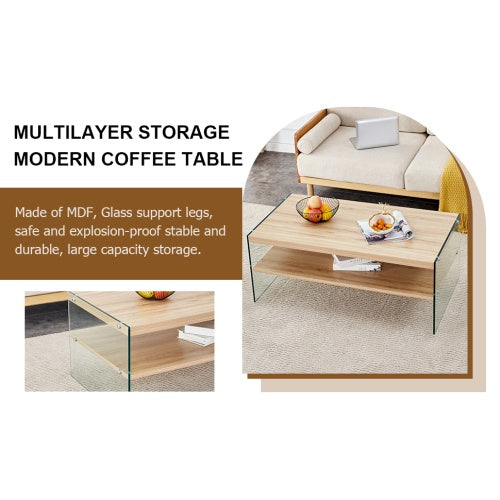 Double Layered Rectangular Coffee Table with Transparent Tempered Glass