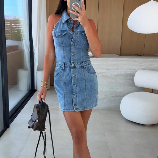 Front Button Sleeveless Denim Dress